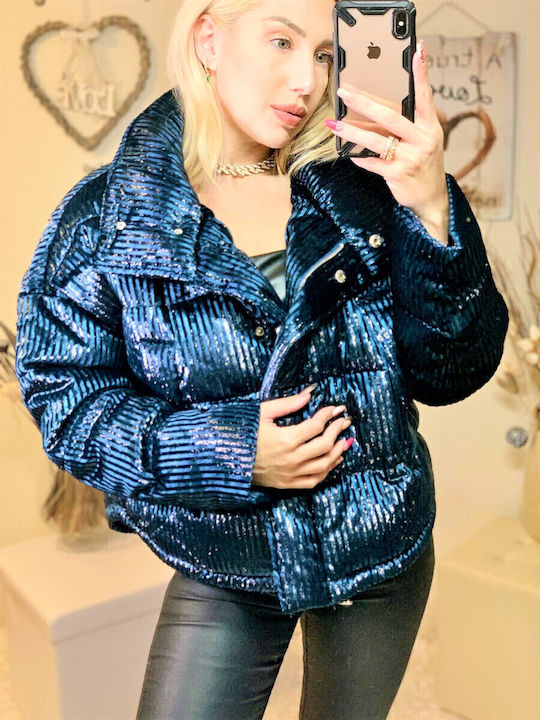 Women's Short Puffer Jacket for Winter Blue