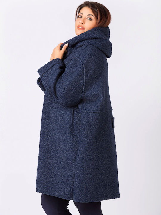 Jucita Women's Curly Midi Coat with Buttons and Hood Navy Blue