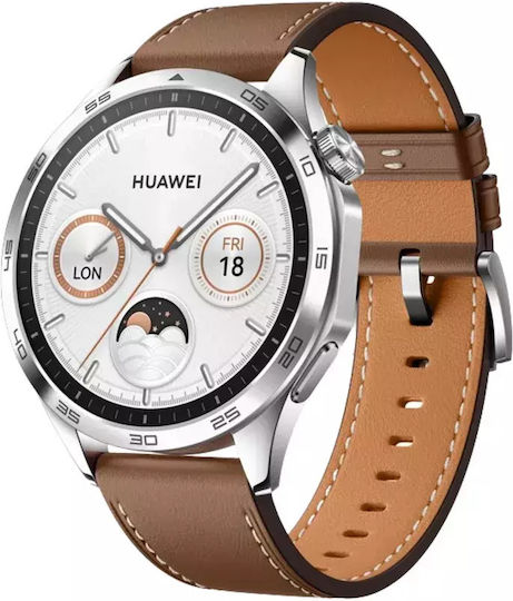 Huawei Watch GT 4 Stainless Steel 46mm Waterproof with Heart Rate Monitor (Brown Leather Strap)