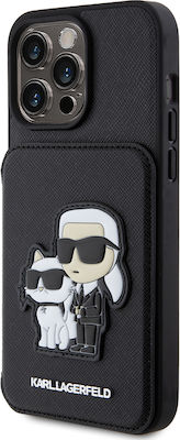 Karl Lagerfeld Saffiano Card Slot Stand Karl and Choupette Plastic Back Cover with Credit Card Holder Black (iPhone 15 Pro Max)