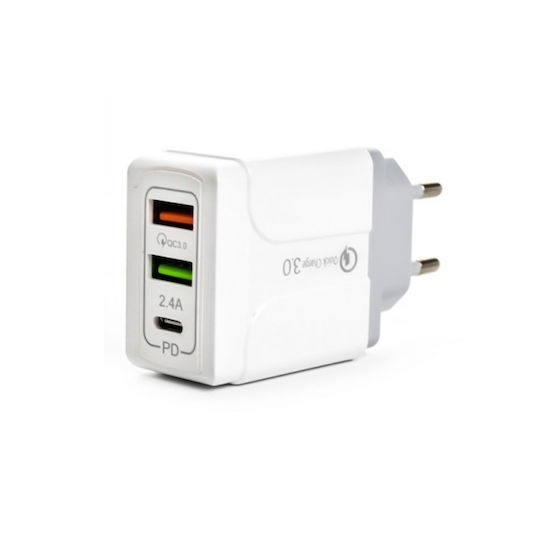 Treqa Treqa Handyladegerät mit 2 USB-A Ausgangsanschlüsse und USB-C Ausgangsanschluss und Kabel USB-C 38W Stromlieferung Weiß (CH-640)