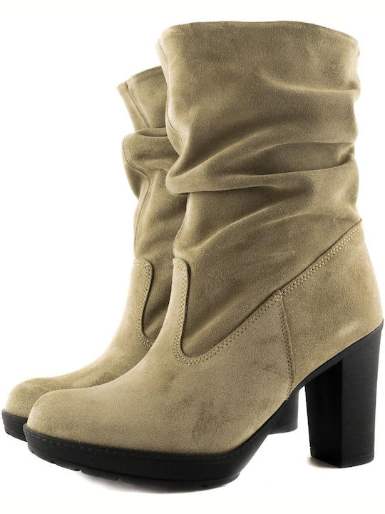 Stefania Wildleder Damen Chelsea Stiefeletten mit hohem Absatz Beige