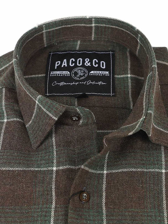 Paco & Co Men's Shirt Long Sleeve Cotton Checked Brown