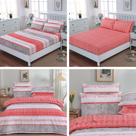 Casa Colori Sheet Double with Elastic 140x200+30cm. Coral Stripe Coral