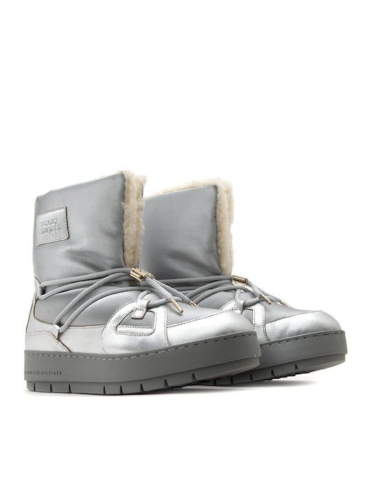 Synthetic Leather Snow Boots with Laces & Fur Gray