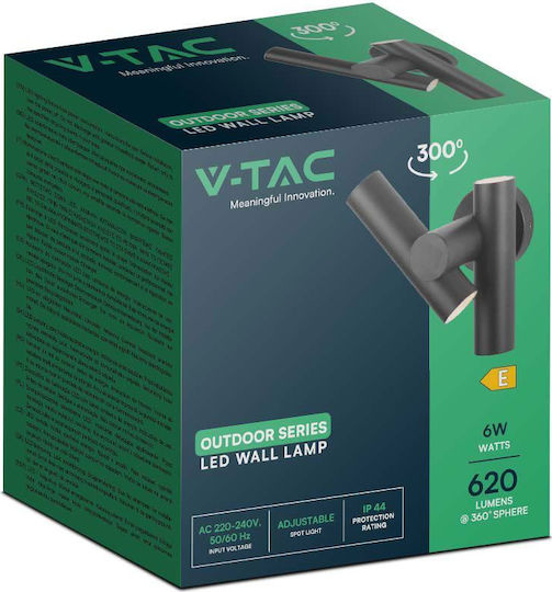V-TAC Wall-Mounted Outdoor Spot Light LED IP44 6W with Warm White Light 17.2x10.5x25.3εκ.