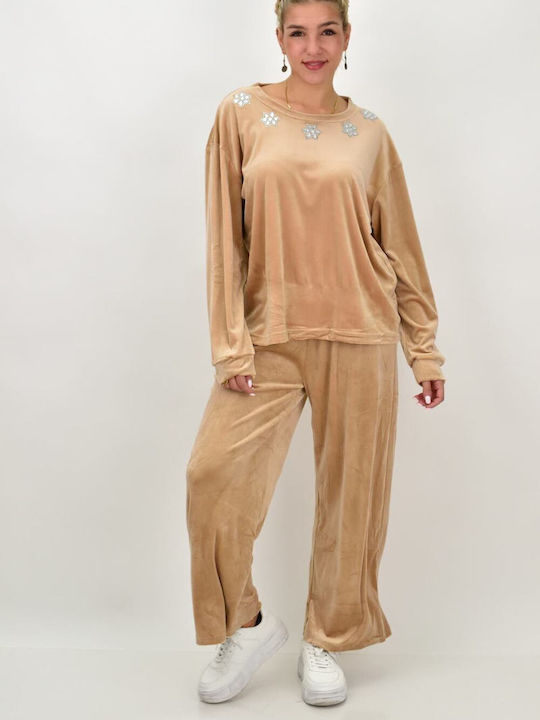 Potre Damen-Sweatpants-Set Beige Samt