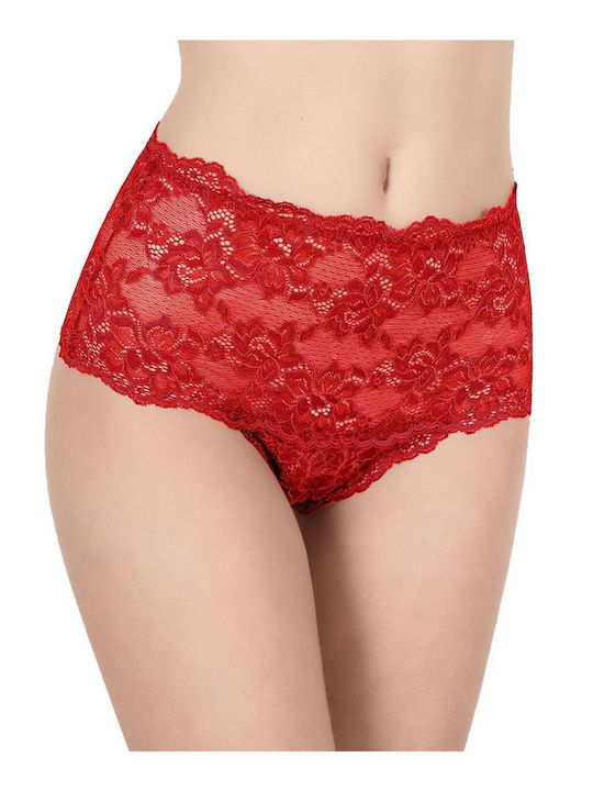 Milena by Paris 8341 High-waisted Women's Brazil with Lace Burgundy 008341-Ρουμπινί