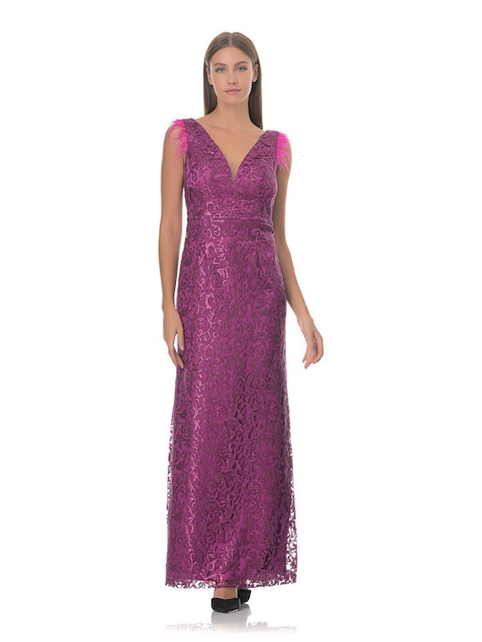 Farmaki Maxi Evening Dress with Lace Purple