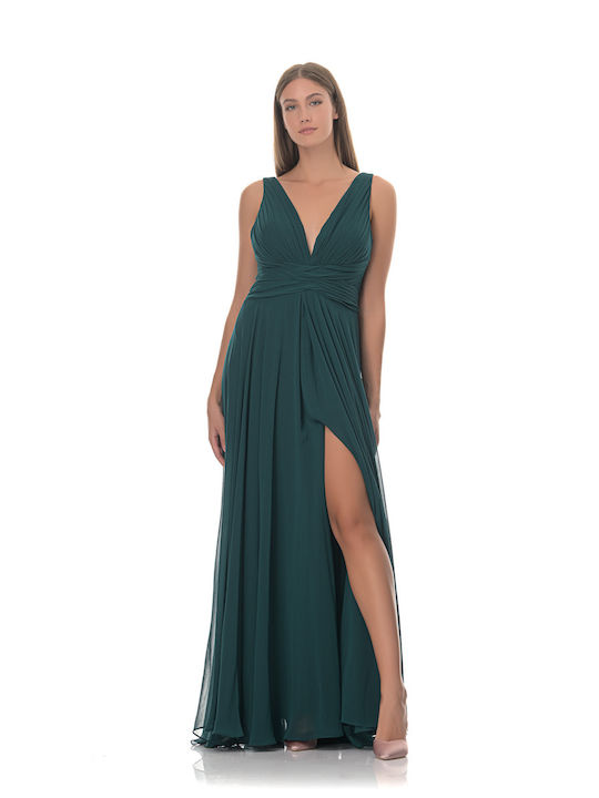 Farmaki Summer Maxi Evening Dress with Slit Green