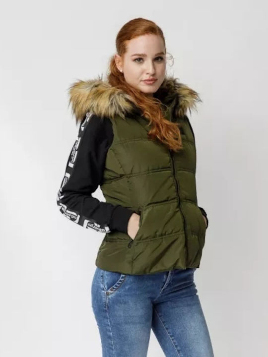 Devergo Kurz Damen Ärmellos Puffer Jacke für Winter Khaki