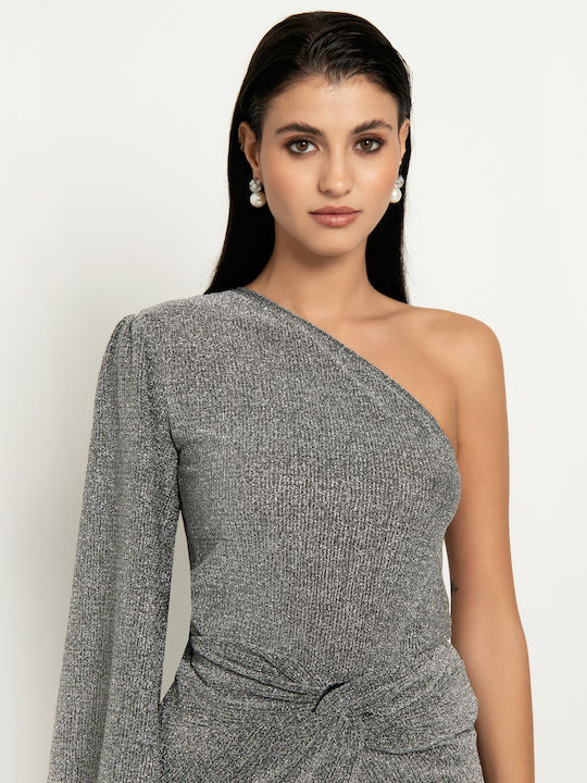 Women's Blouse Off-Shoulder with One Shoulder Silver