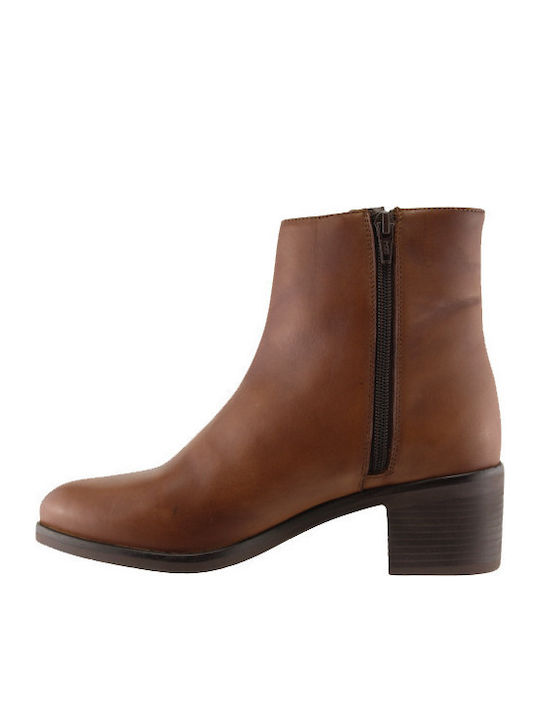 Leather Women's Ankle Boots with Medium Heel Tabac Brown