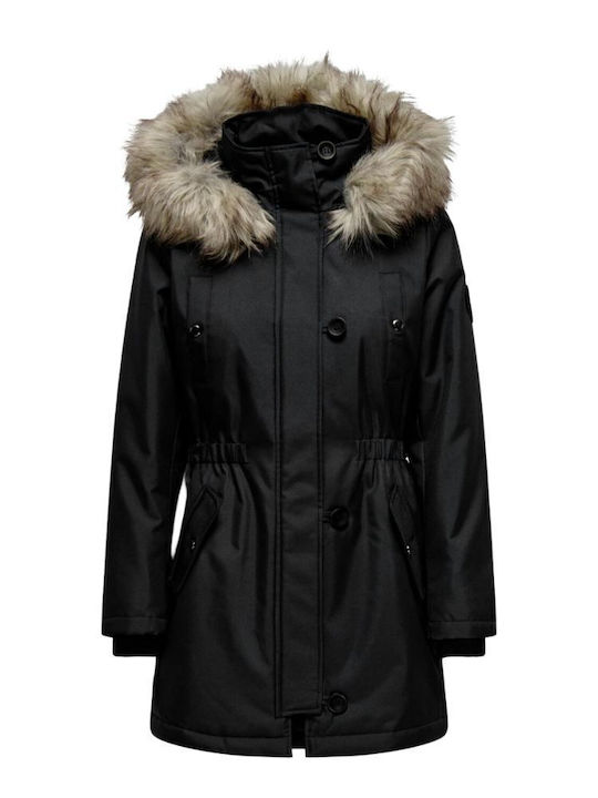 Iris Women's Short Puffer Jacket for Winter with Hood Black/beige