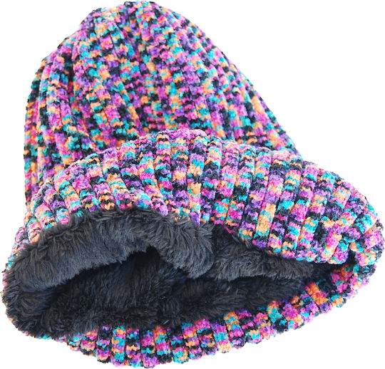 Unisex Set mit Beanie Fleece Gestrickt Μωβ-Πολύχρωμο