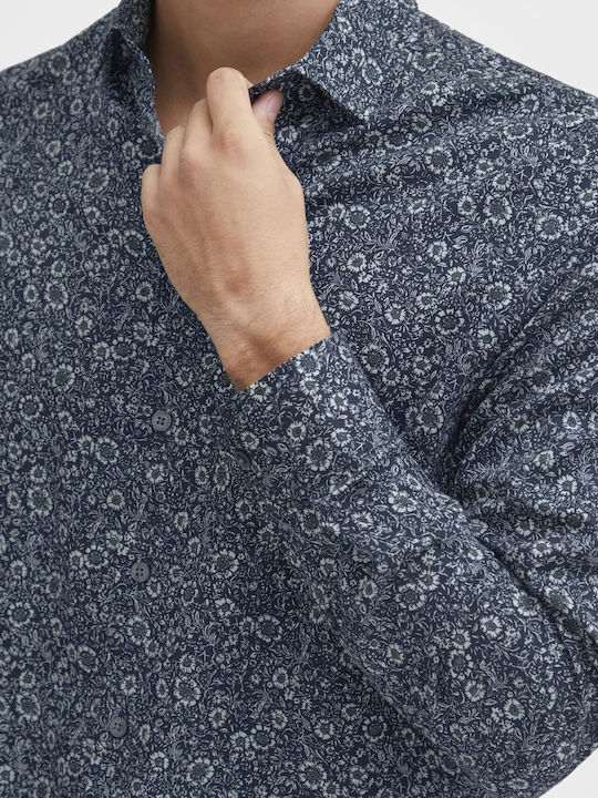 Long-sleeved Cotton Shirt Floral Navy Blue