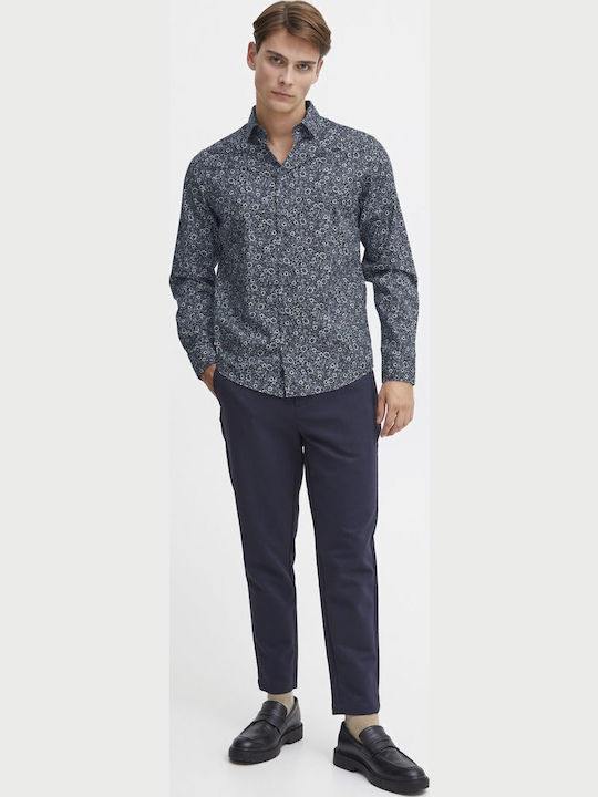 Long-sleeved Cotton Shirt Floral Navy Blue