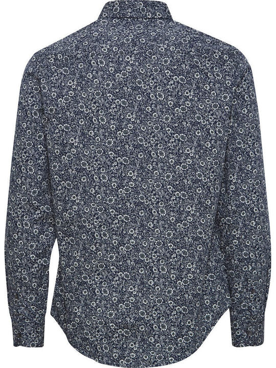 Long-sleeved Cotton Shirt Floral Navy Blue