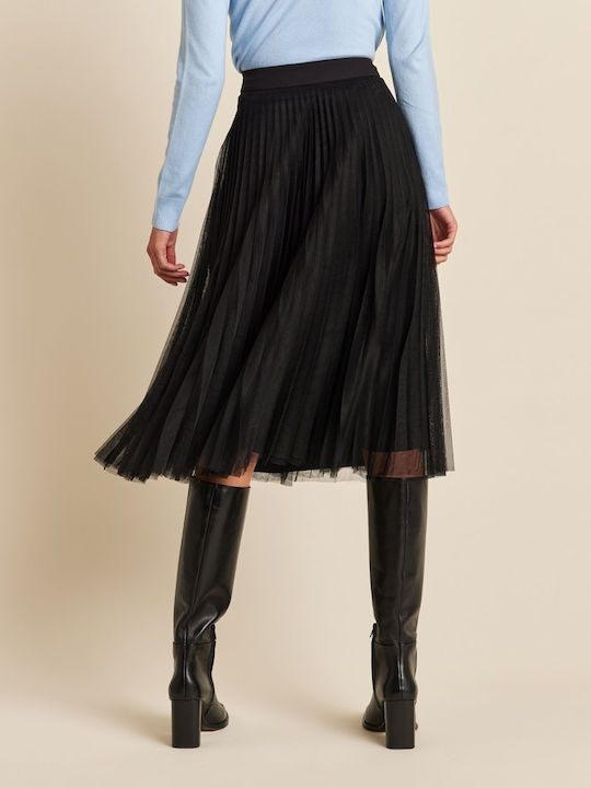 Pleated High-waisted Midi Skirt with Tulle Black