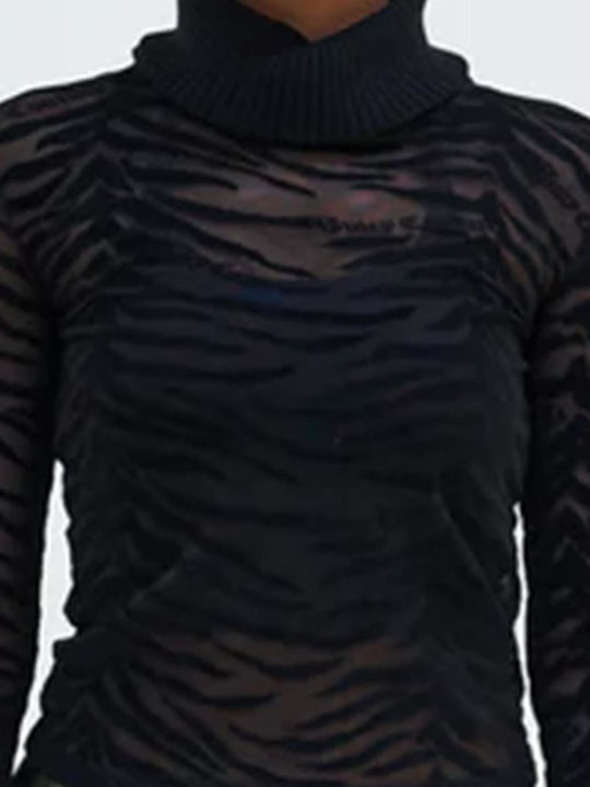 Bluze Damă Mânecă Lungă cu Guler Înalt Negru