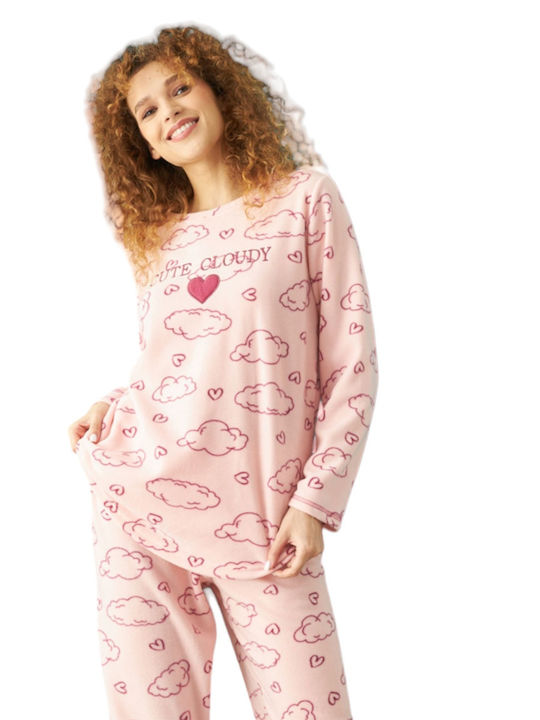 Siyah Inci Winter Fleece Women's Nightdress Pink