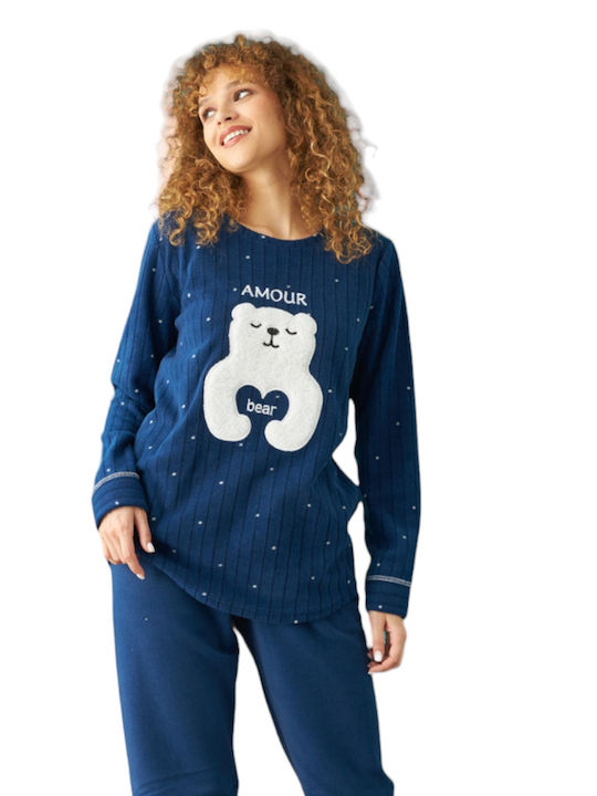 Siyah Inci Winter Fleece Women's Nightdress Blue Bear