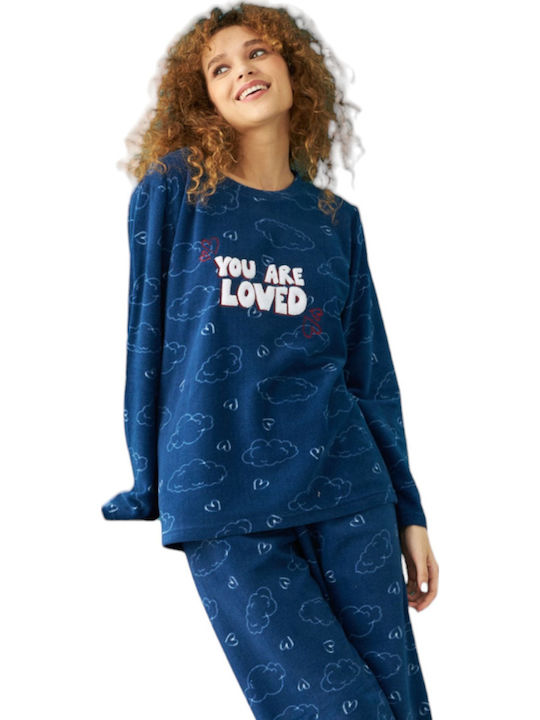 Siyah Inci Χειμερινό Fleece Γυναικείο Νυχτικό Μπλε