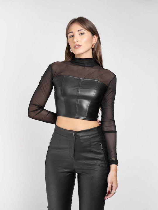 Fashioncore Women's Blouse Leather Long Sleeve with Zipper Black