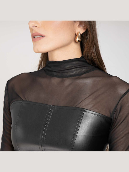 Bluze Damă de Piele Mânecă Lungă cu Fermoar Negră