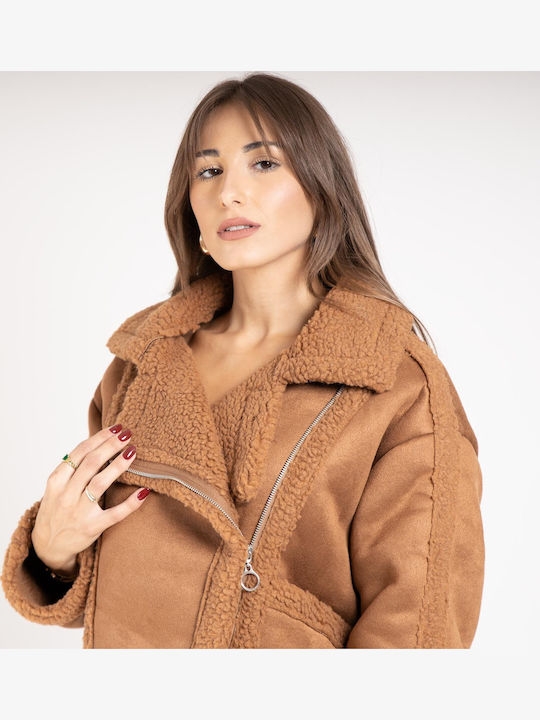 Women's Short Puffer Suede Jacket for Winter Brown
