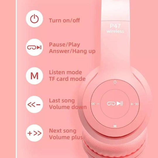 P47M Cat Ear Wireless / Wired On Ear Headphones with Radio with 8 hours of Operation White