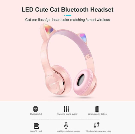 P47M Cat Ear Wireless / Wired On Ear Headphones with Radio with 8 hours of Operation White