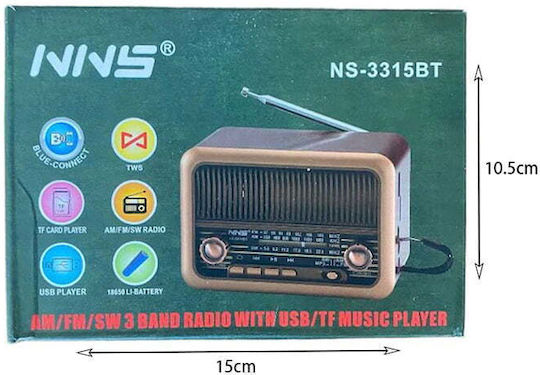 NNS NS-3315BT Retro Tabletop Radio Battery with Bluetooth and USB Red