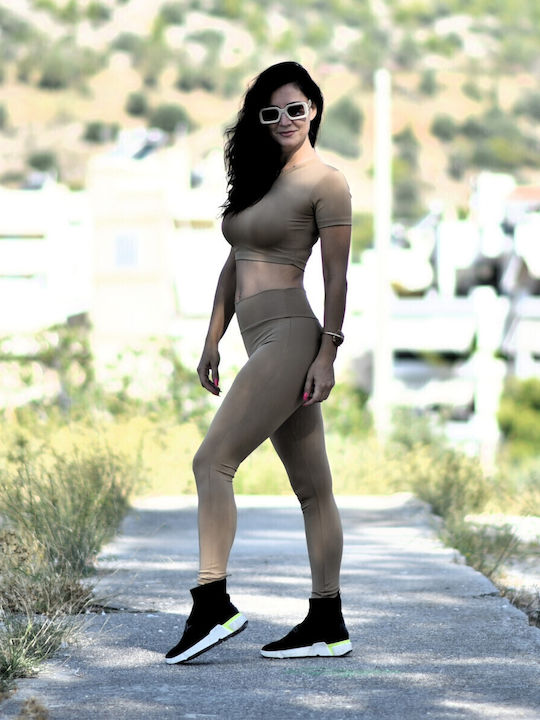 Set Women's Long Leggings High Waisted Beige