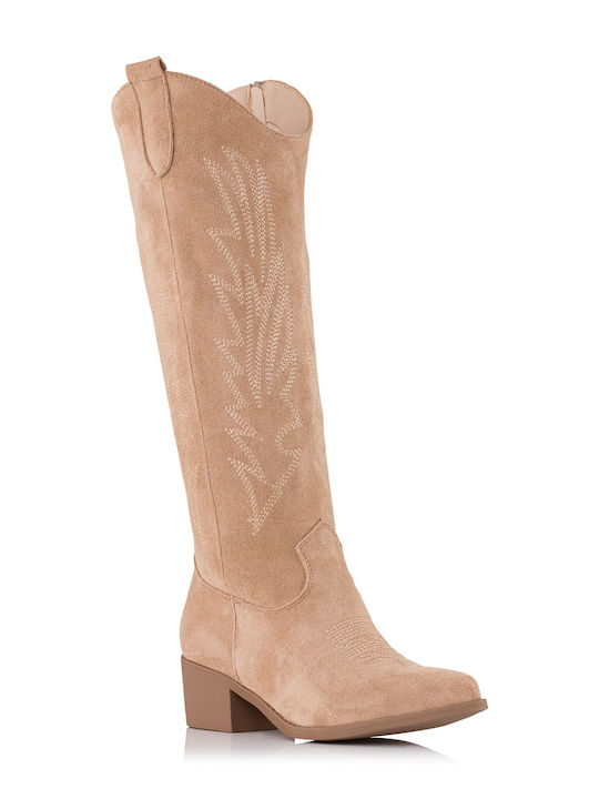 Mellisa Suede Cowboy Boots with Zipper Khaki