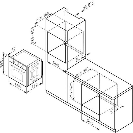 Pyramis 731006 SK + PHC61410FMB Cuptor Deasupra Blatului 73lt cu Plite Ceramice L59.5cm.