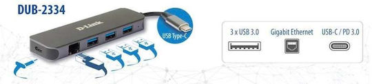 D-Link Hub 4 Porturi USB 3.0 cu Conectare USB-C Ethernet Gri