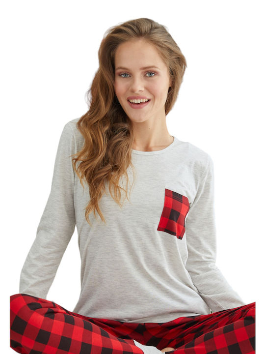 Sexen Winter Women's Pyjama Set Cotton Grey/Red College