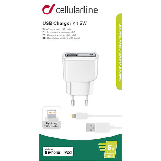 Cellular Line Charger with USB-A Port and Cable Lightning 5W Whites (ACHUSBMFIIPH5W)