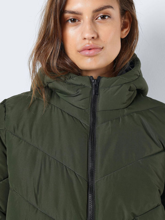 Women's Long Puffer Jacket for Winter with Hood Green