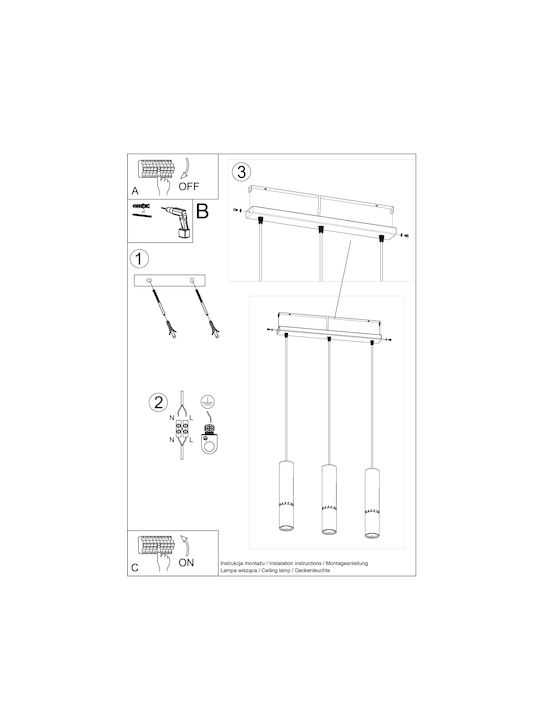 Sollux Loopez 3L Pendant Light Black Rail with Socket GU10 45x14x31cm
