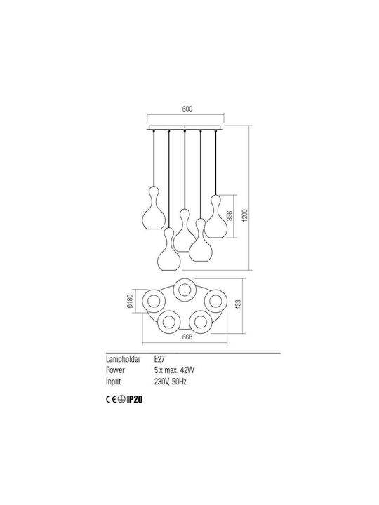 Redo Group Suspendat Candelabru pentru 5 Becuri E27 Argint