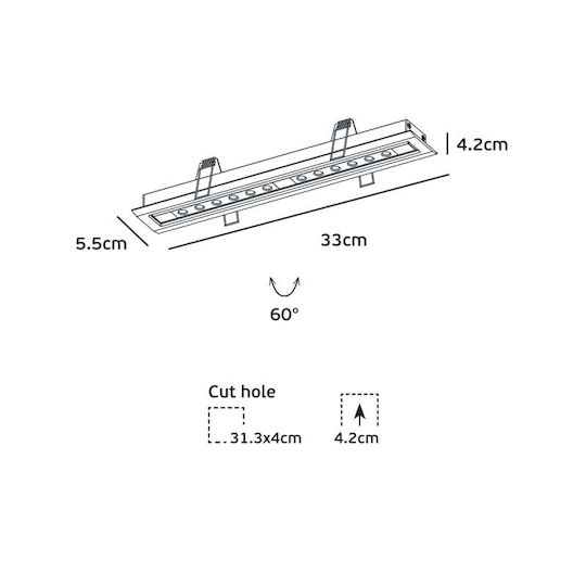 VK Lighting Commercial Linear Recessed LED Wall Light 12W Warm White IP20 L33xD5.5xH4.2cm