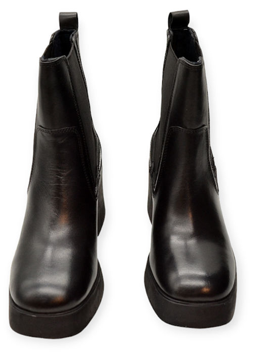 Leder Damen Stiefeletten mit Mittelhohem Absatz Schwarz