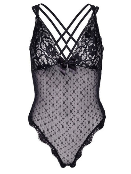 Leg Avenue Stretch Point D'esprit Thong Back Teddy Sexy Bodysuit Negru