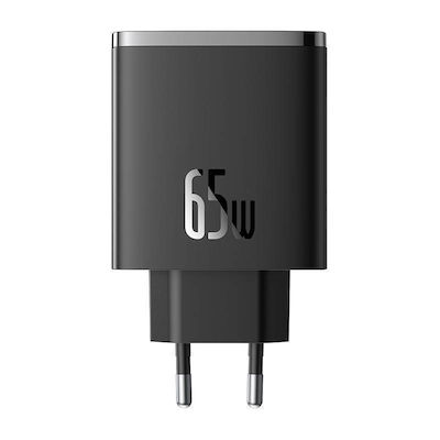 Baseus Зарядно без кабел GaN (Галуниев нитрид) с USB-A порт и 2 USB-C порта 65W Доставка на енергия / Бързо зареждане 3.0 Черно (Cube Pro)