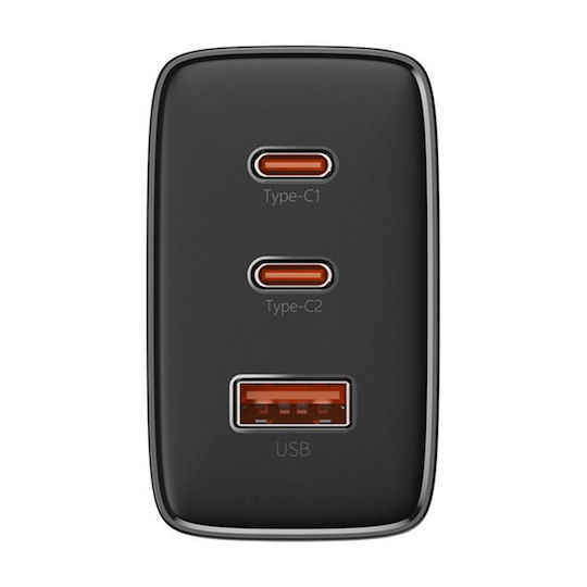 Baseus Φορτιστής Χωρίς Καλώδιο GaN με Θύρα USB-A και 2 Θύρες USB-C 65W Power Delivery / Quick Charge 3.0 Μαύρος (Cube Pro)