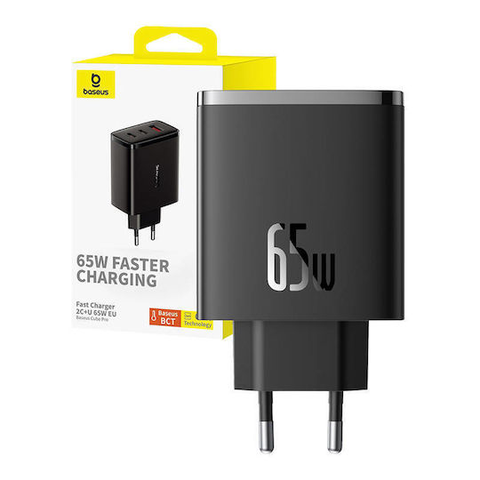 Baseus Φορτιστής Χωρίς Καλώδιο GaN με Θύρα USB-A και 2 Θύρες USB-C 65W Power Delivery / Quick Charge 3.0 Μαύρος (Cube Pro)