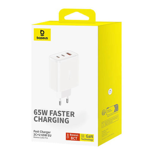 Baseus Mobile Phone Charger Without Cable GaN with USB-A Port and 2 USB-C Ports 65W Power Delivery Quick Charge 3.0 White (Cube Pro)