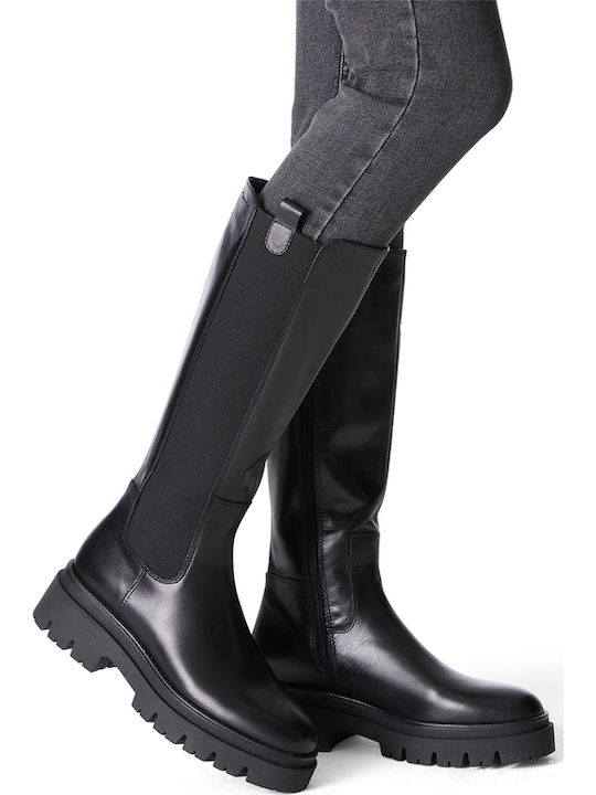 Leather Medium Heel Women's Boots with Zipper Black